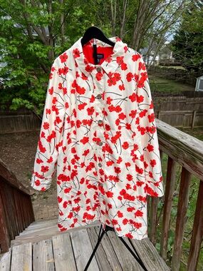 Lands' End Red & Cream Poppy Floral Button Jacket